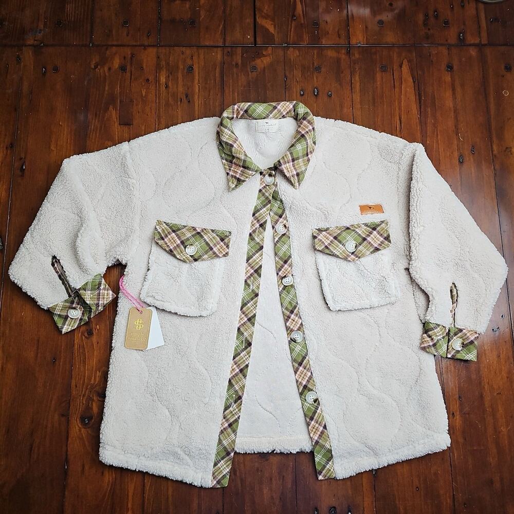 Simply Southern Youth Medium Quilted Sherpa Shacket Cream Green Plaid NEW